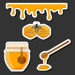 Illustration on theme sugary flowing down honey in honeycomb with bee