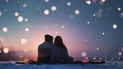 Two people stargazing, lying on a blanket, Valentine’s Day, date, couple, blurred background, with copy space
