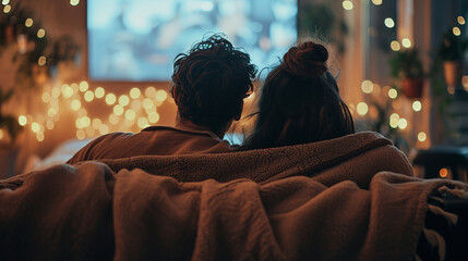 Obraz premium Two people watching a movie under a blanket, Valentine’s Day, date, couple, blurred background, with copy space