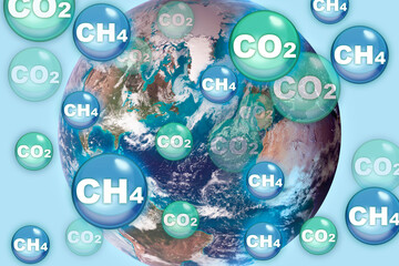 CO2 Carbon Dioxide and CH4 gas methane emissions, the two main causes of global warming - concept with image from NASA