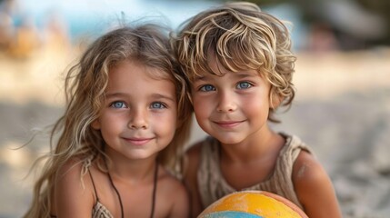 Beautiful brother and sister play with a beach ball outdoors 