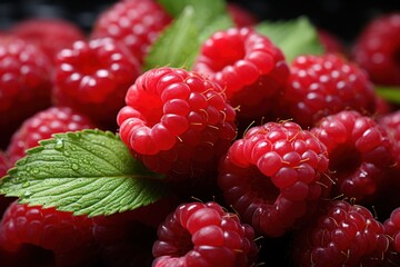  a close up of a bunch of raspberries with a green leaf on the top of one of the berries and the rest of the berries on the other.