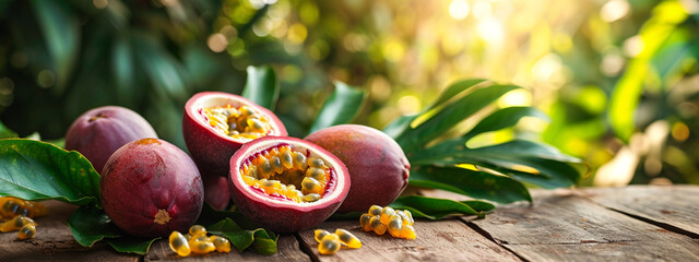 Fresh passion fruit on a wooden background. Tropical fruits © Anna