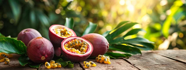 Fotobehang Fresh passion fruit on a wooden background. Tropical fruits © Anna