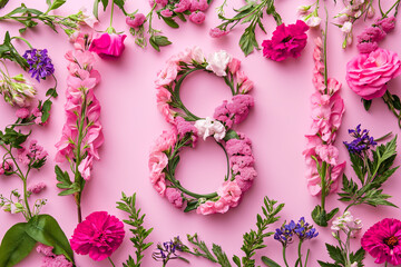 International Women's Day. Banner, flyer, beautiful postcard for March 8. Flowers and butterflies in the shape of the number eight on a pink background.