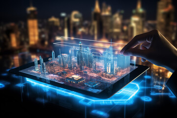 Hologram einer Stadt der Zukunft auf einem Tablet, Innovative Smart City, Big Data vernetzt die gesamte Infrastruktur einer Stadt