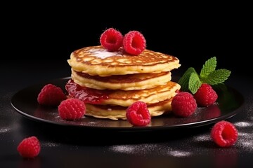  a stack of pancakes with raspberries on a black plate on a black background with a leaf of mint and a few raspberries on a black plate.