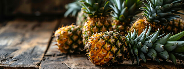 pineapples on a wooden background, nature - obrazy, fototapety, plakaty