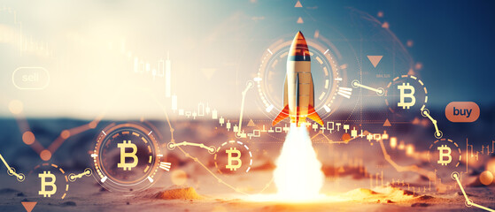 Rocket launch, financial data and growing lines. Ai generative illustration