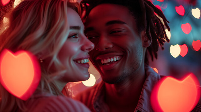 Young interracial couple in love flirting, laughing, and enjoying each other with heart-shaped bokeh lights around. Concept of Valentine's Day and falling in love