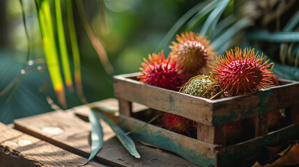 Fresh rambutan in a box on a wooden background, nature
