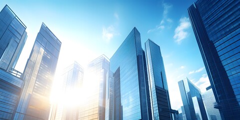 business and financial skyscraper buildings concept.Low angle view and lens flare of skyscrapers modern office building city in business center with blue sky. - Powered by Adobe