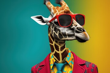  a giraffe wearing a red jacket, red sunglasses, and a blue tie with a red jacket on it's chest and a green and yellow and blue background.
