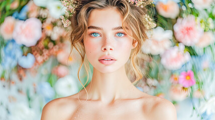 Girl with flowers on abstract background, Spring celebration, March  - obrazy, fototapety, plakaty