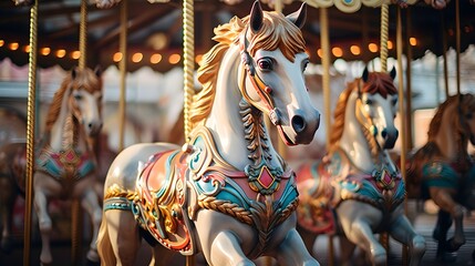 Fototapeta na wymiar Vibrant Carousel, Merry-Go-Round, Colorful Amusement, Whirling Delight, Carousel Lights, Joyful Entertainment