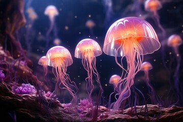  a group of jellyfish floating in an aquarium filled with purple and pink algae and corals on the bottom of the picture are glowing in the dark blue light.