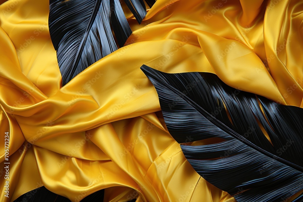 Poster a close up of a yellow and black fabric with a pattern of black and yellow feathers on the bottom of