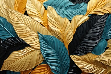  a close up of a painting of a bunch of leaves on a black background with gold, blue, and green leaves on the bottom of the painting is a black background.