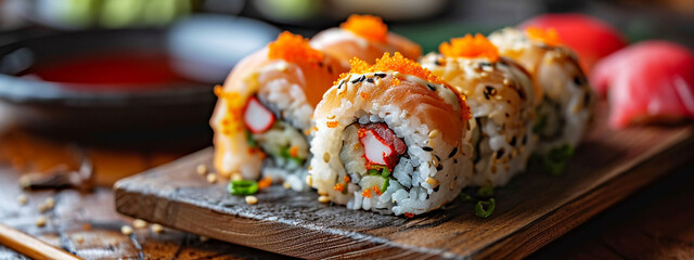 Top view of a dish of sushi rolls, rolls. Delicious, appetizing sushi