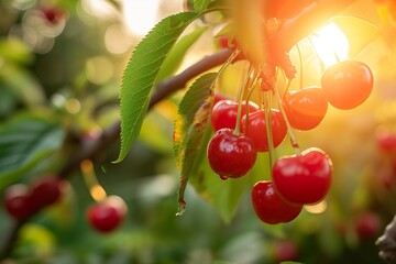 Close up cherries in the garden at sunrise