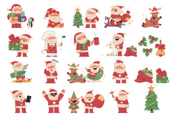 Cute Santa Claus characters and Christmas elements vector cartoon set.