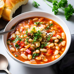Close photography shot of Pasta Fagioli soup in a white bowl with fresh herbs.