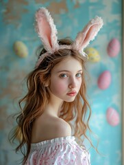 Easter Egg Wonderland Fantasy: Visual representation depicting a fantasy world where the girl, adorned with rabbit ears, explores an Easter egg wonderland amidst vivid spring hues
