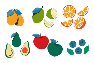 Fruits and berries vector cartoon set isolated on a white background.