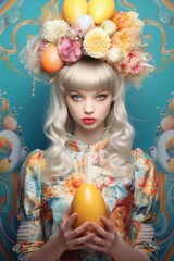 Fototapeta premium Colorful Egg Gathering: Visual composition featuring the girl wearing rabbit ears while gathering colorful Easter eggs in a vibrant and lively spring setting.