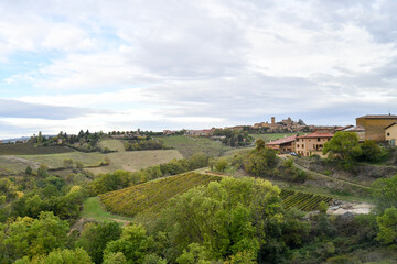 scenic view of French countryside and old stone buildings