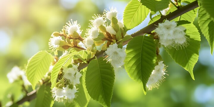 closeup of chestnut tree blossoms in sunhine, flowering green springtime idyll, natural concept for chestnut remedy or beauty in spring nature 