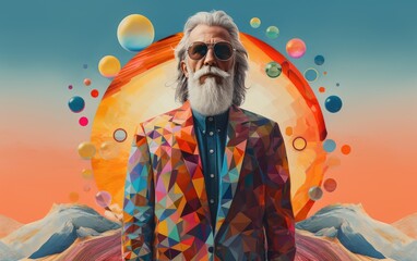 Eccentric Fashionable Older Man With Trendy Glasses Against a Colorful Geometric Background