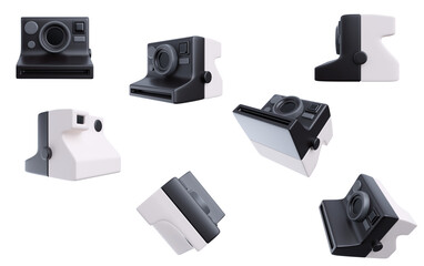Cartoon photo camera various view isolated on white background. Set reatistic elements. 3d illustration.