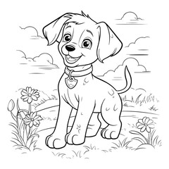 Dog with flowers coloring pages - coloring book for kids