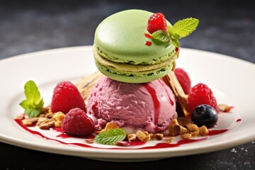  a close up of a plate of food with a dessert on top of it and berries on the side of the plate and a mint leaf on top of the plate.