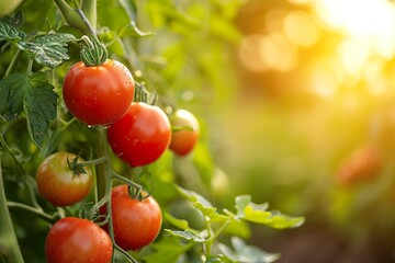 Close-up tomatoes in the garden at sunrise