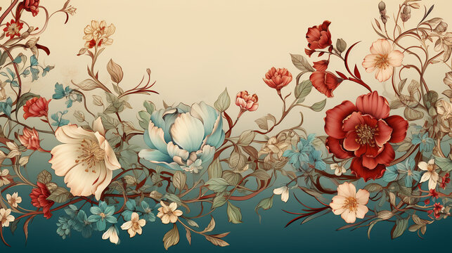 A fusion of abstract and realistic flowers in the background