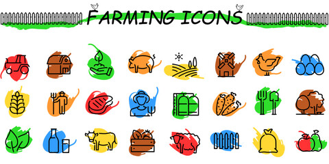 Set of  line icons related to farm, farming, gardening, agriculture, smart farm, farm animals, seeding. Vector illustration