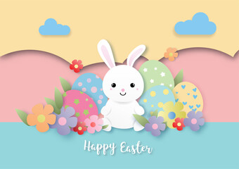 Cute bunny and colored easter eggs on papercut background.