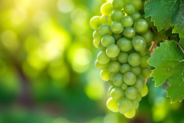 Soft focus image of a green bunch of grapes with shallow depth of field and blurred surroundings creating a vineyard atmosphere