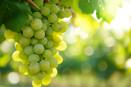 Soft focus image of a green bunch of grapes with shallow depth of field and blurred surroundings creating a vineyard atmosphere