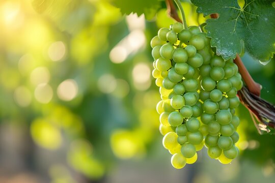 Soft focus image of a green bunch of grapes with shallow depth of field and blurred surroundings creating a vineyard atmosphere
