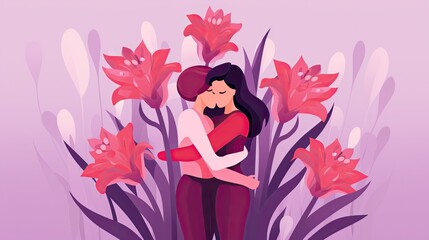 Fototapeta premium hugging day, couple with blooming flowers,