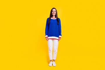 Full length body photo of brunette hair woman wearing blue knit jumper standing confident but...