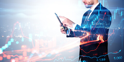 Businessman finger touch tablet in hand, skyscrapers. Ai generative illustration