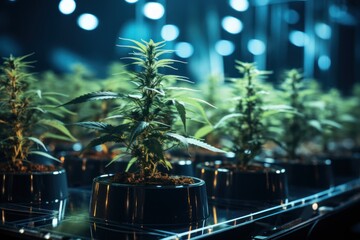  a row of potted marijuana plants sitting on top of a shelf in front of a mirror in a room filled with other potted plants and lit up lights. - obrazy, fototapety, plakaty