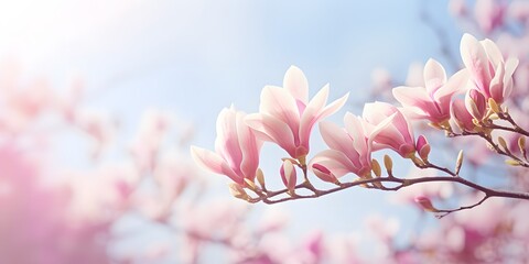 flowering magnolia blossom on sunny spring background, close-up of beautiful springtime flora, floral easter background concept with copy space - obrazy, fototapety, plakaty