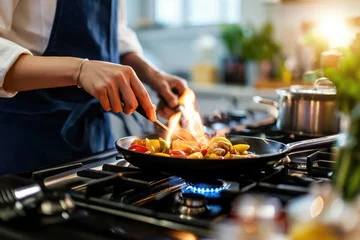 Foto op Plexiglas chef cooking on a stove bright kitchen © Straxer