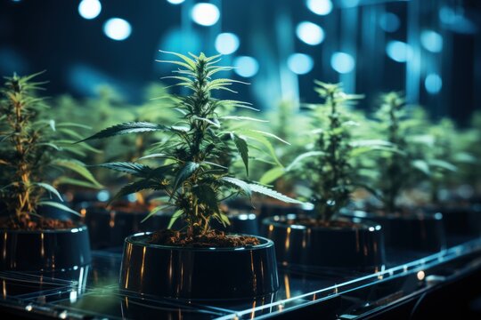  a row of potted marijuana plants sitting on top of a shelf in front of a mirror in a room filled with other potted plants and lit up lights.