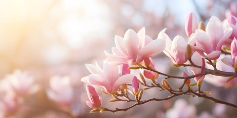 flowering magnolia blossom on sunny spring background, close-up of beautiful springtime flora, floral easter background concept with copy space - obrazy, fototapety, plakaty